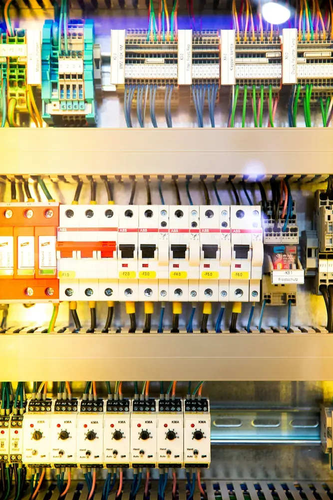 Electrical panel upgrade assessment showing labelled breakers and residential wiring