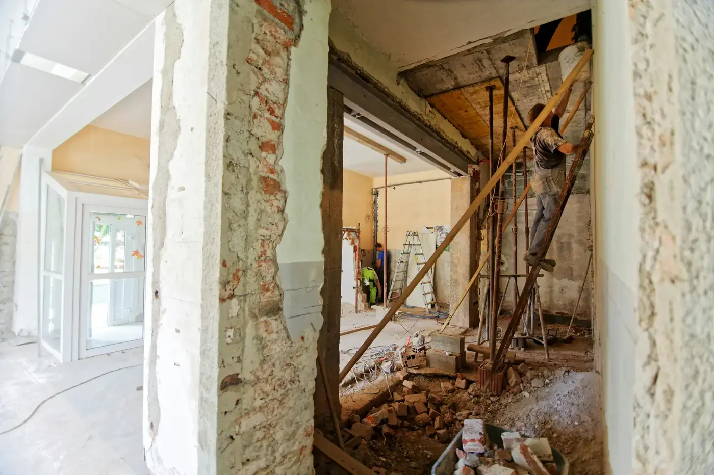 Bathroom renovation demolition revealing framing, masonry and hidden conditions