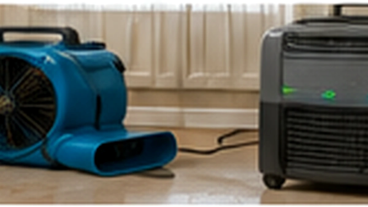 Air mover and dehumidifier drying a room after water damage