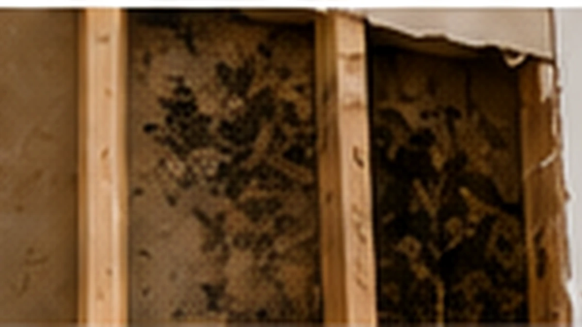 Damaged drywall removed to expose mould and wet framing