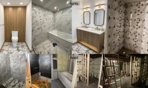 Modern bathroom renovation with white marble tiles, floating vanity and rainfall shower in Mirabel home