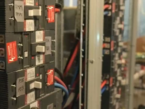 Plan rapproché d’un panneau électrique résidentiel avec plusieurs disjoncteurs